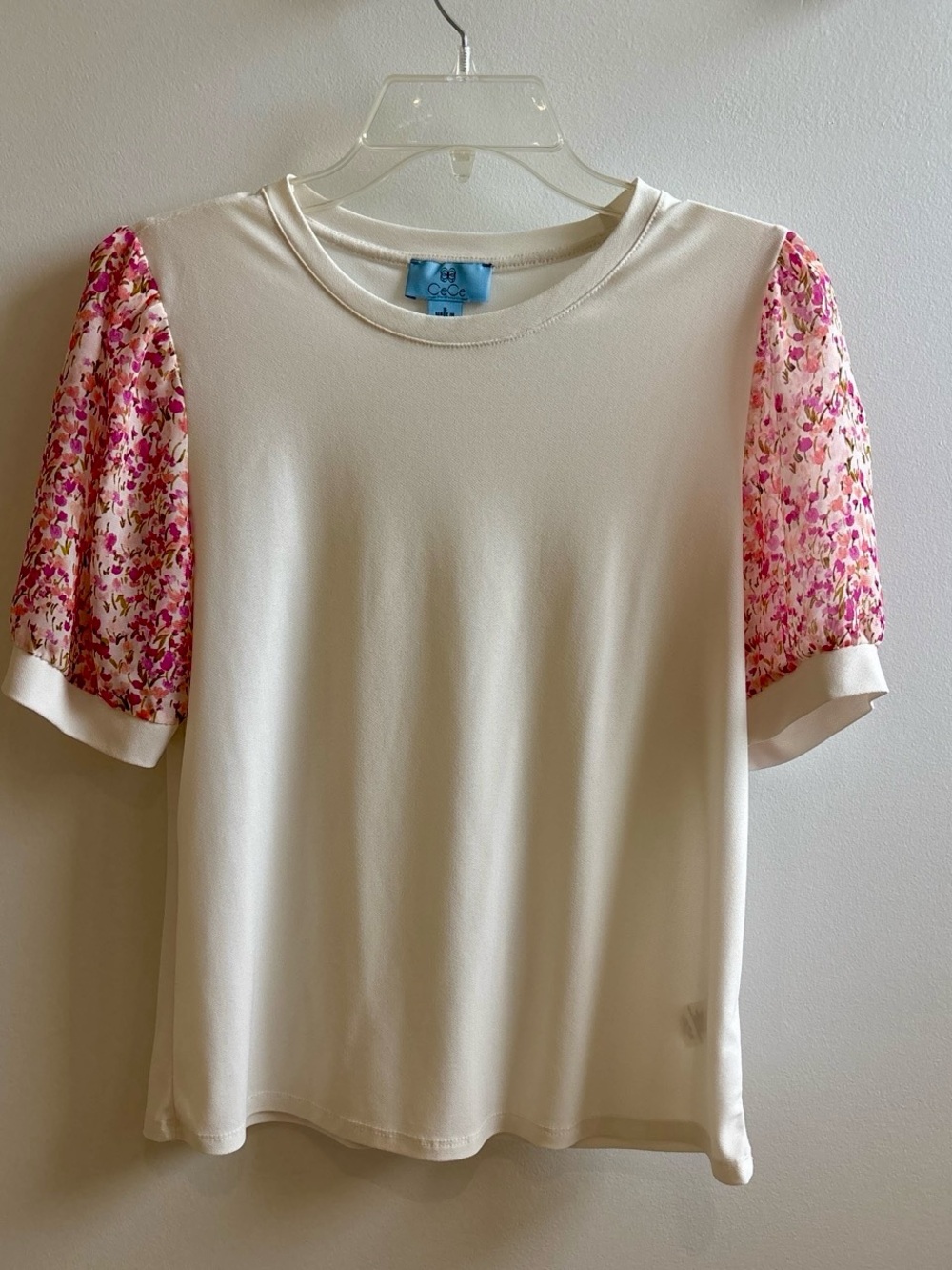 CeCe Cream Short Sleeve Tee with Pink Floral Puff Sleeves